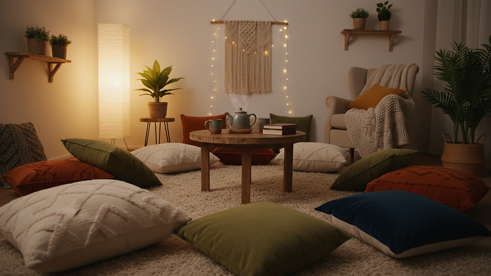 Eye-level view of a cozy therapy room with soft lighting and cushions