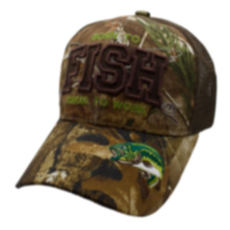 Born to Fish Forced to Work Trucker Hat - Hunting Camo/Brown