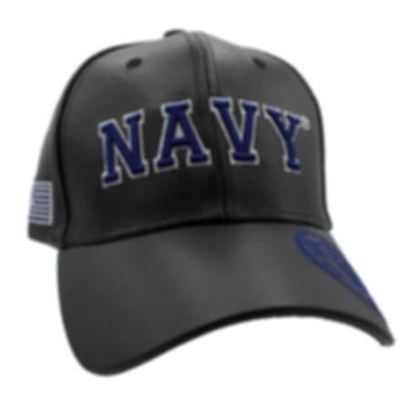 Navy Block Letter w/ Emblem PU Leather Cap - Black