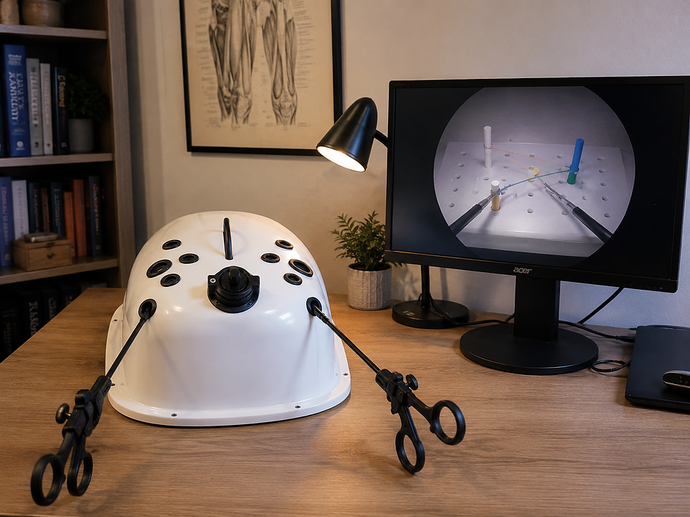 Close-up view of laparoscopic box trainer with instruments inside