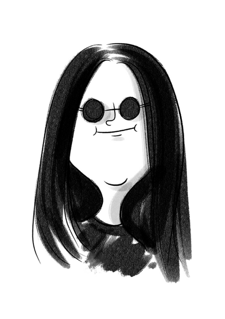 Caricature of person with long dark hair, round sunglasses