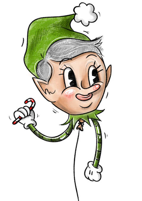 Cartoon elf in green suit and hat, holding a candy cane