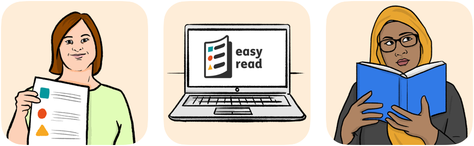Image of a lady holding up an Easy Read document, A computer with the Easy Read logo on it and a woman holiday a book and thinking.