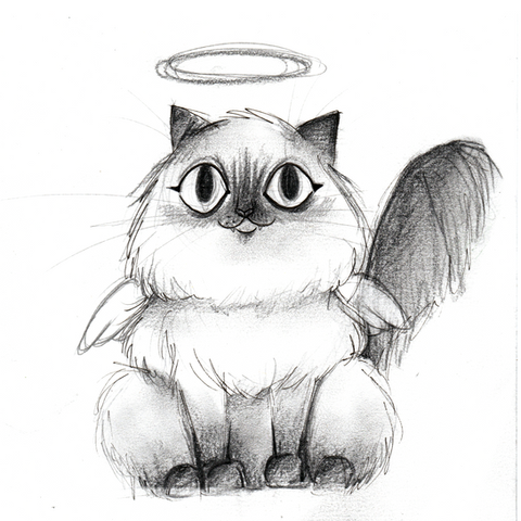 Fluffy cat with halo and wings