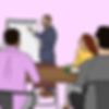 Illustration of a team at a table and a person standing in front showing writing on a flip chart.