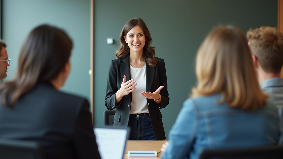 Eye-level view of a confident woman speaking during a team meeting