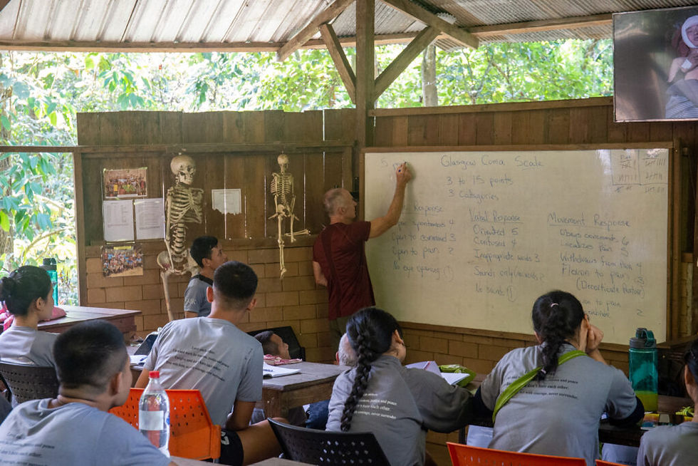 Left: Students learn from Dr. Bruce Woodall. Right: students practice patient interviews.