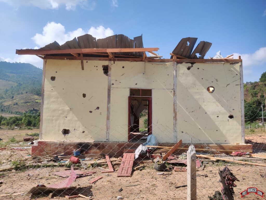 Clinic building damaged by Burma Army airstrike in South SaLone Village.