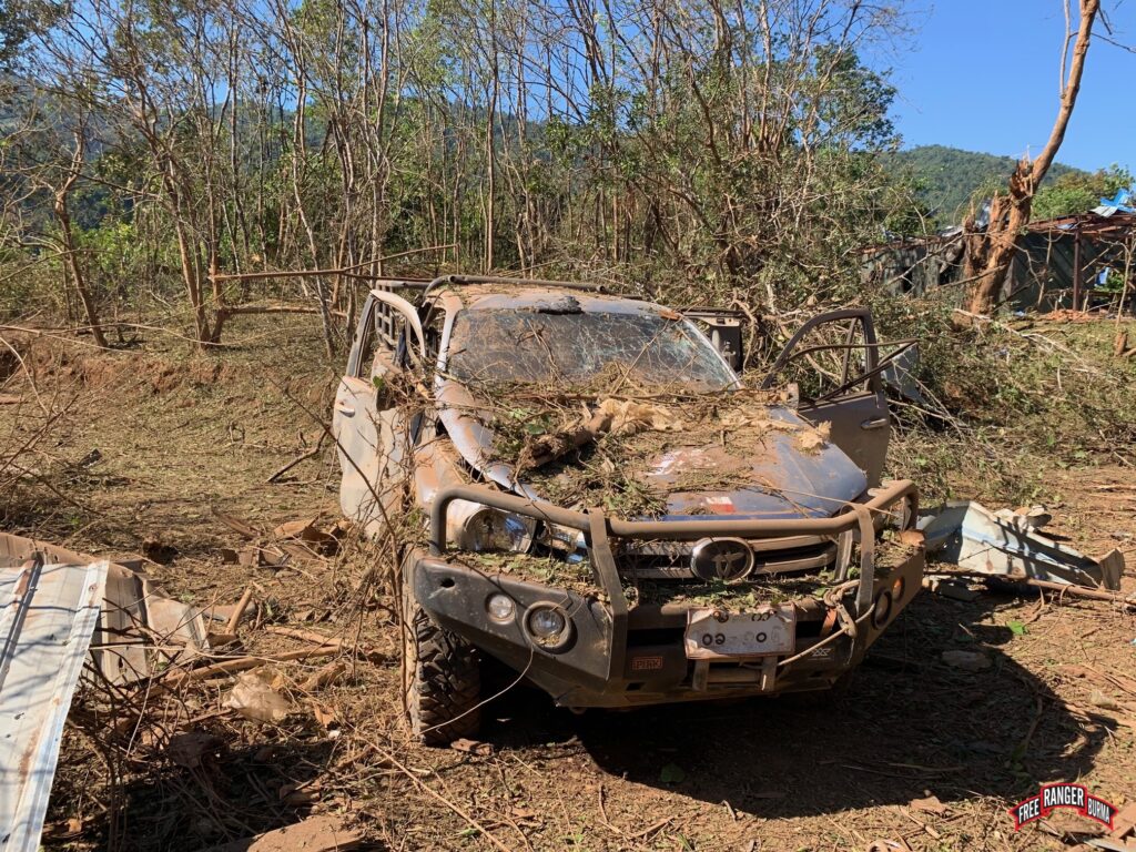 FBR truck destroyed by a Burma Army bomb that nearly hit Silverhorn and his coworkers.