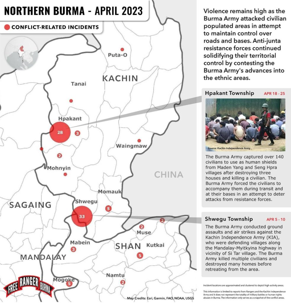 Incident locations on the map are approximated and clustered to depict high-activity areas. The information is limited to reports from Rangers and the Kachin Independence Army and does not represent the totality of military battles or human rights abuses in Burma.