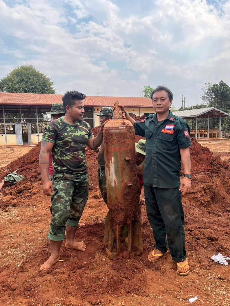 500-pound bombs are dropped by Burma Army airplanes. This one didn’t explode on impact and was recovered by KNDF soldiers.