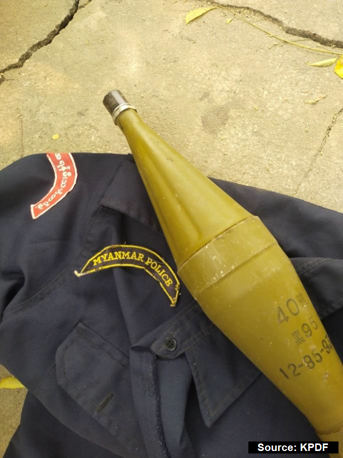 Burma Army rocket and Myanmar Police uniform from the operation.