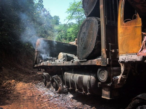 Timber Truck burnt out by Burma Airforce airstrike. Picture courtesy of the Kachin Independence Organization (KIO).