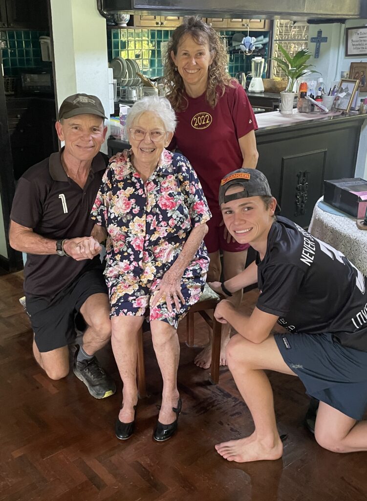 Joan Eubank, 91 years old, with her tap dancing shoes right after praying for Dad and the mission.
