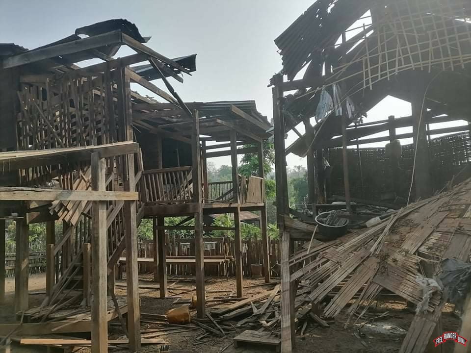 Two homes in Nan Hpe village destroyed by artillery fire.