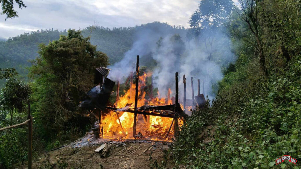 Villager home in Khee Lo Payar Village burns to the ground after a Burma Army airstrike.