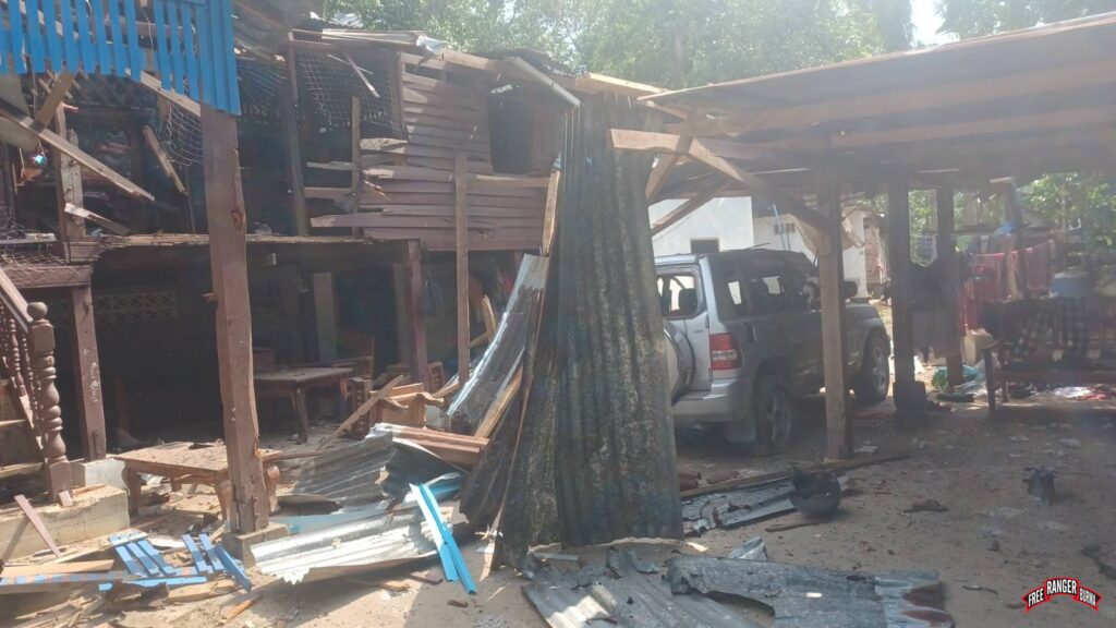 Home destroyed by Burma Army mortar in Noh Ta Kaw (“Kya Inn Kone” in Burmese) Village in Kawtari Township, 27 May 2023.