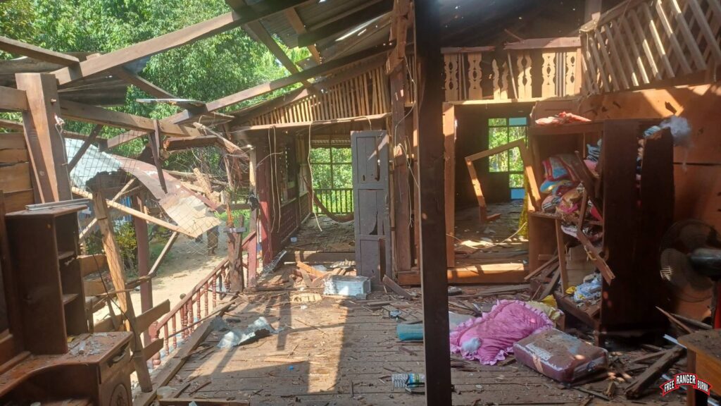 Home destroyed by Burma Army mortar in Noh Ta Kaw (“Kya Inn Kone” in Burmese) Village in Kawtari Township, 27 May 2023.