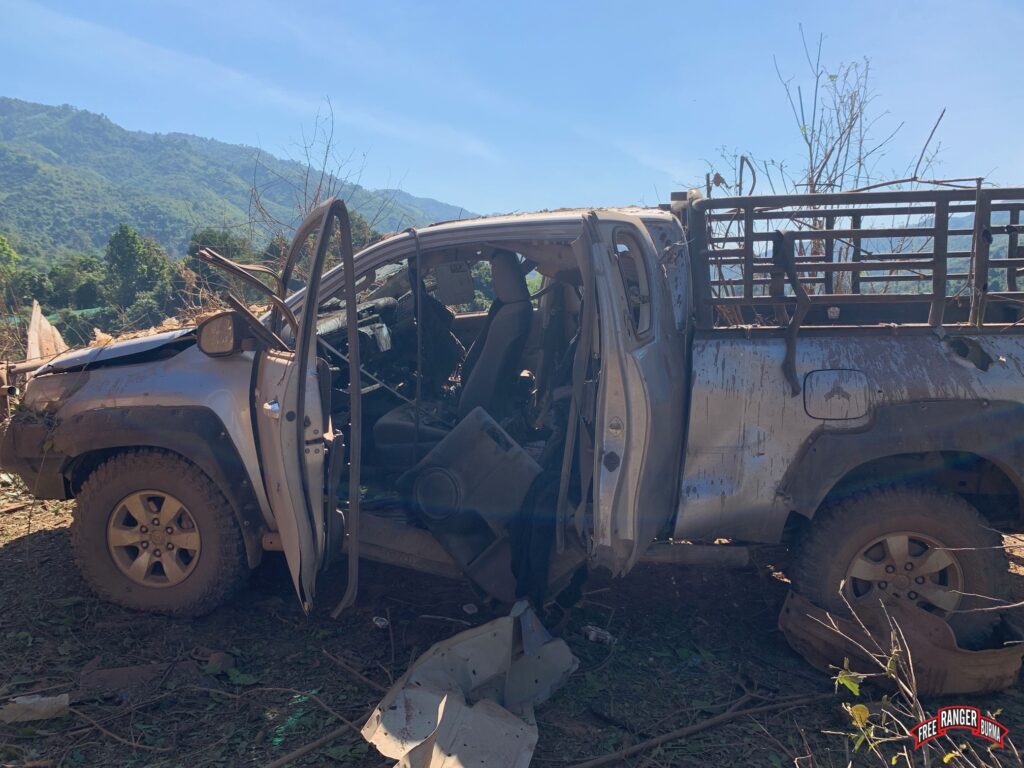 FBR truck destroyed by a Burma Army bomb that nearly hit Silverhorn and his coworkers.