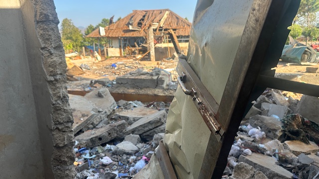 A Burmese military attack on a village in Karenni State leaves a school and church in ruins.