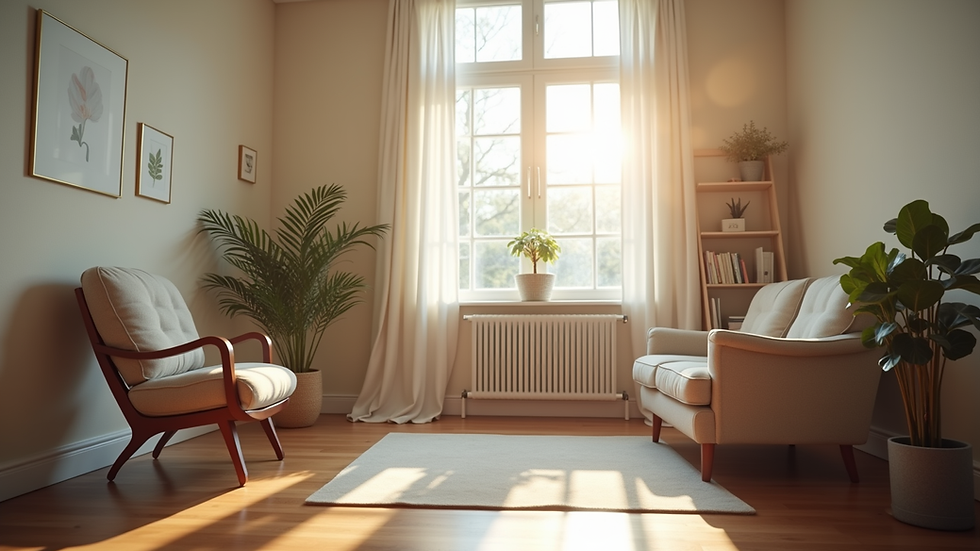 Eye-level view of a quiet counselling room with soft lighting