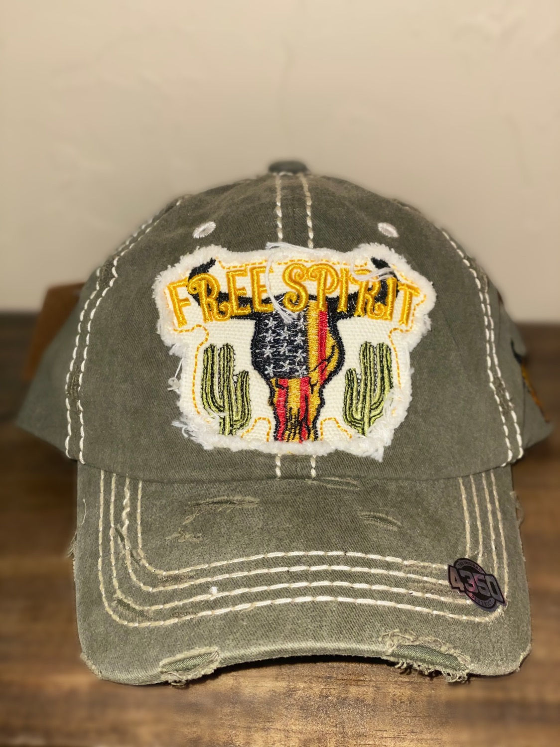 Distressed Olive 'Free Spirit' Flag Steer Skull Cap