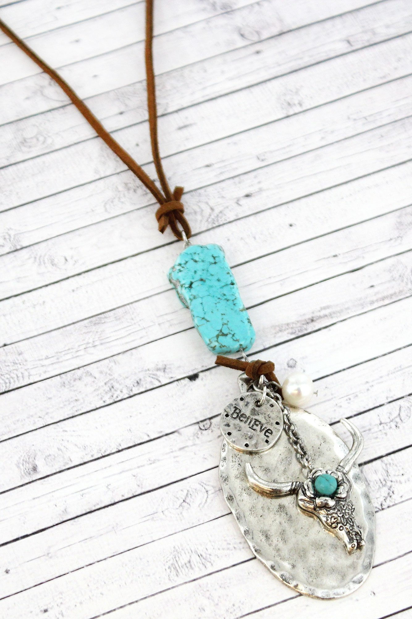 TURQUOISE STONE AND BURNISHED SILVERTONE STEER SPOON PENDANT CORD NECKLACE