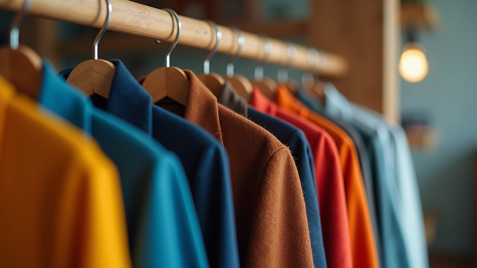 Eye-level view of a colorful coat hanging on a wooden rack