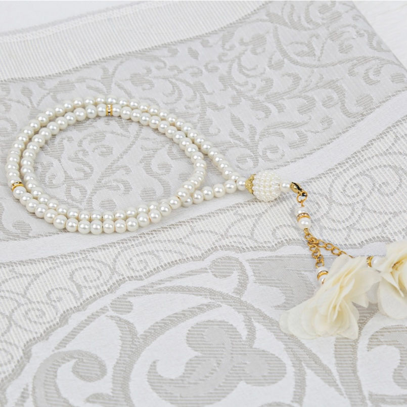 Miniature : Coffret Tapis de prière beige  léger avec chapelet personnalisé avec nom