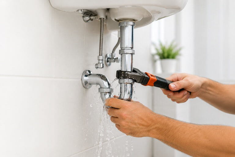 Hands using a wrench to repair a leaking drain pipe under a bathroom sink with visible water leakage in a clean, well-lit home.