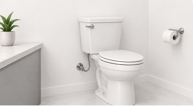 Residential toilet installed with secure floor mounting and completed water supply connection.