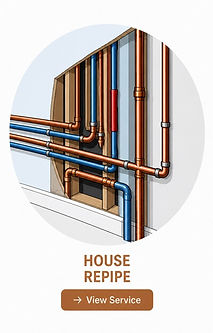 Residential house repipe illustration showing copper and PEX water lines installed inside an open wall system.