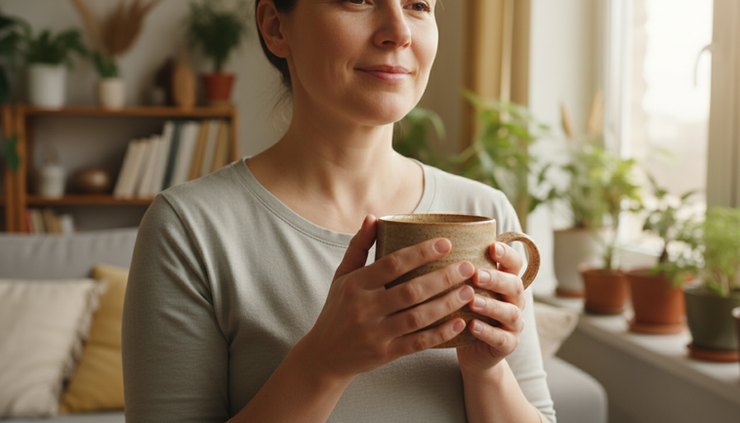 Close-up of a person humming softly while holding a warm mug near a sunny window