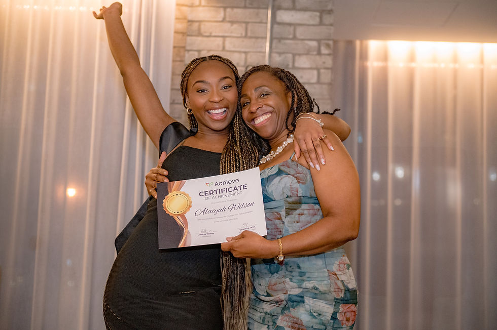Two women smiling and holding certificate that says Achieve Certificate
