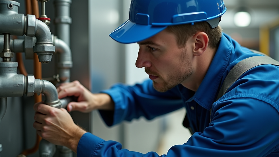 High angle view of professional plumber inspecting pipes
