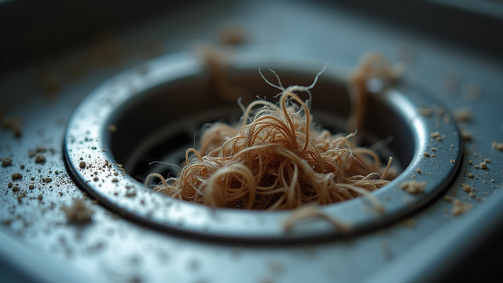 Close-up of a drain strainer catching hair and debris
