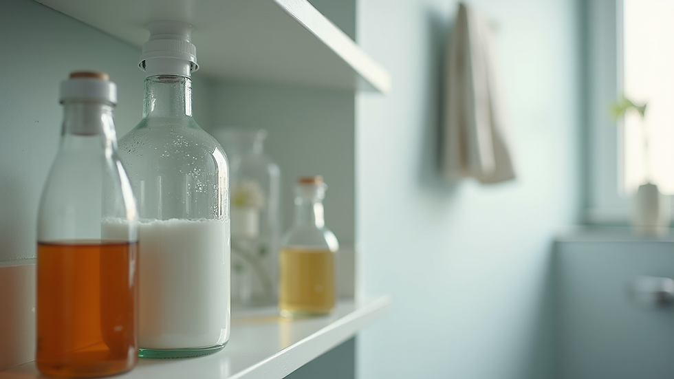Close-up view of a bottle of baking soda and vinegar on a bathroom shelf