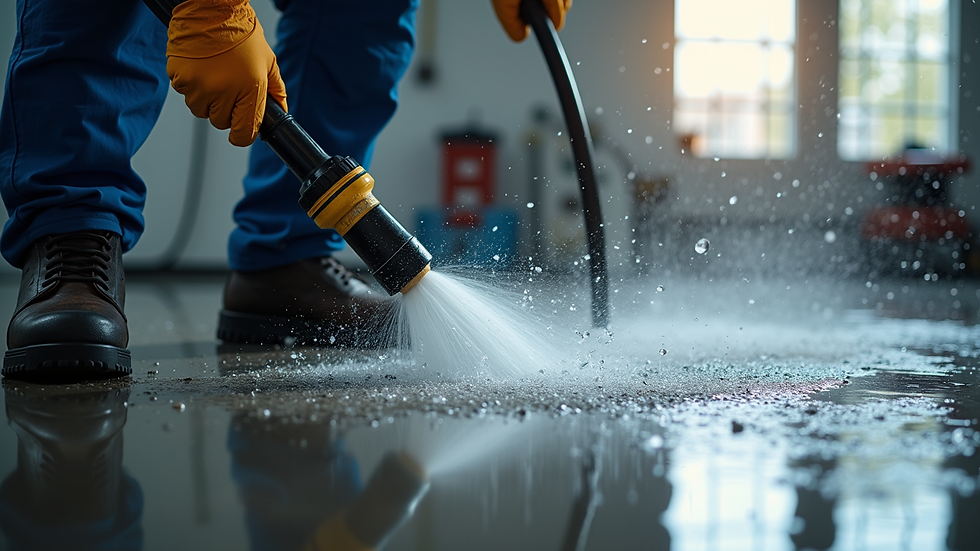 Eye-level view of professional plumber using high-pressure water jet