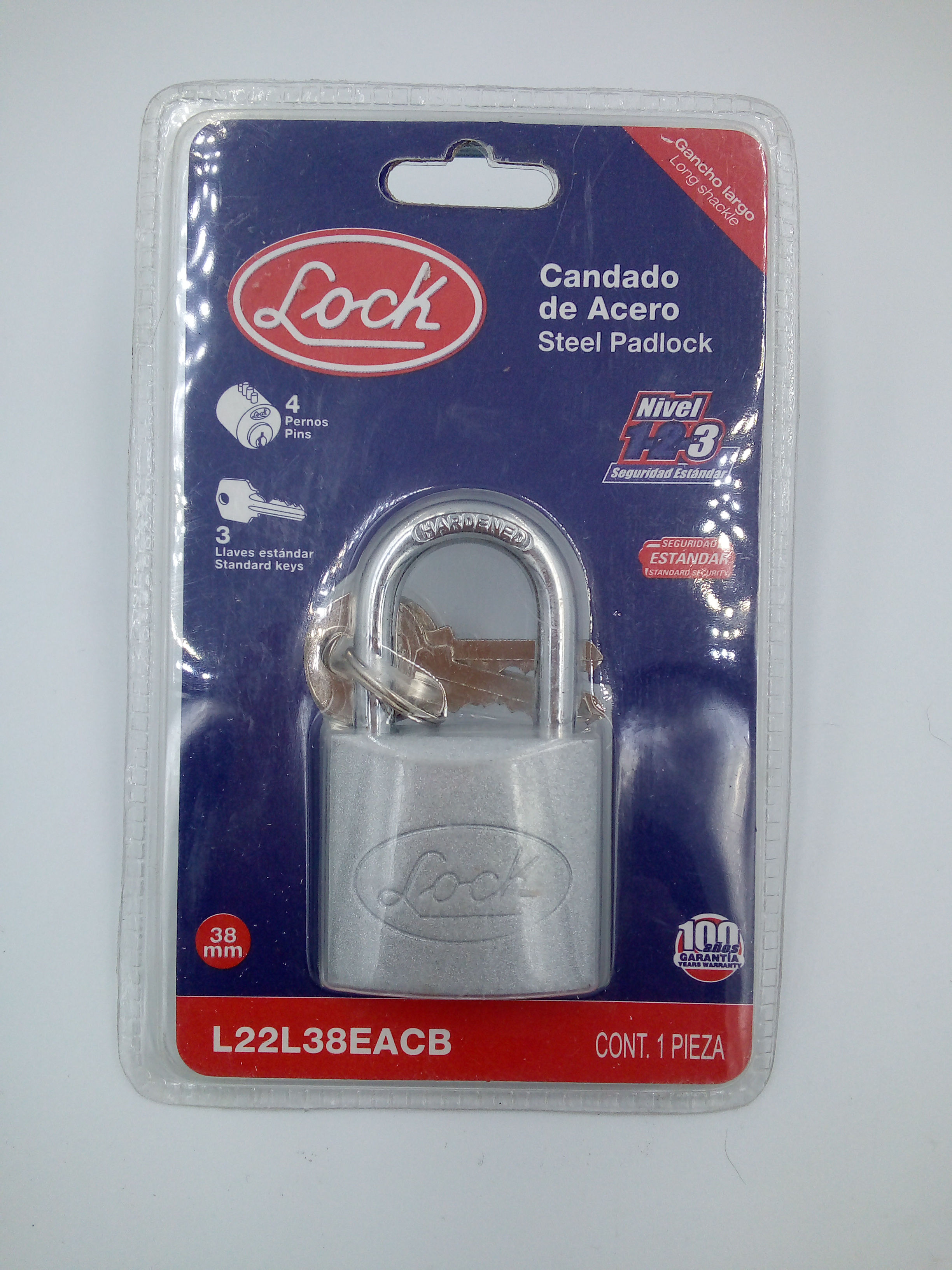 Candado horquilla larga 38mm Niv-3. 1 pza. c/3 llaves