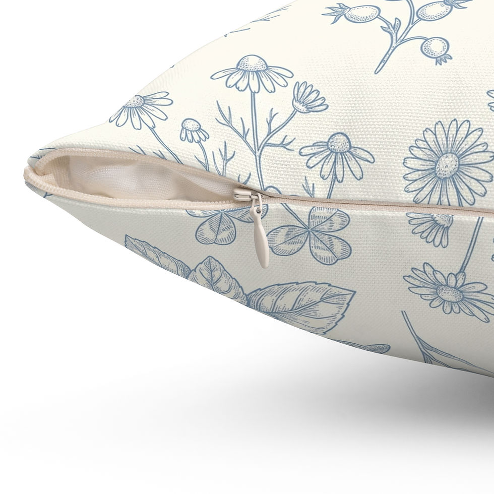 Thumbnail: A square decorative throw cushion featuring a delicate dusty blue botanical line art sketch pattern of