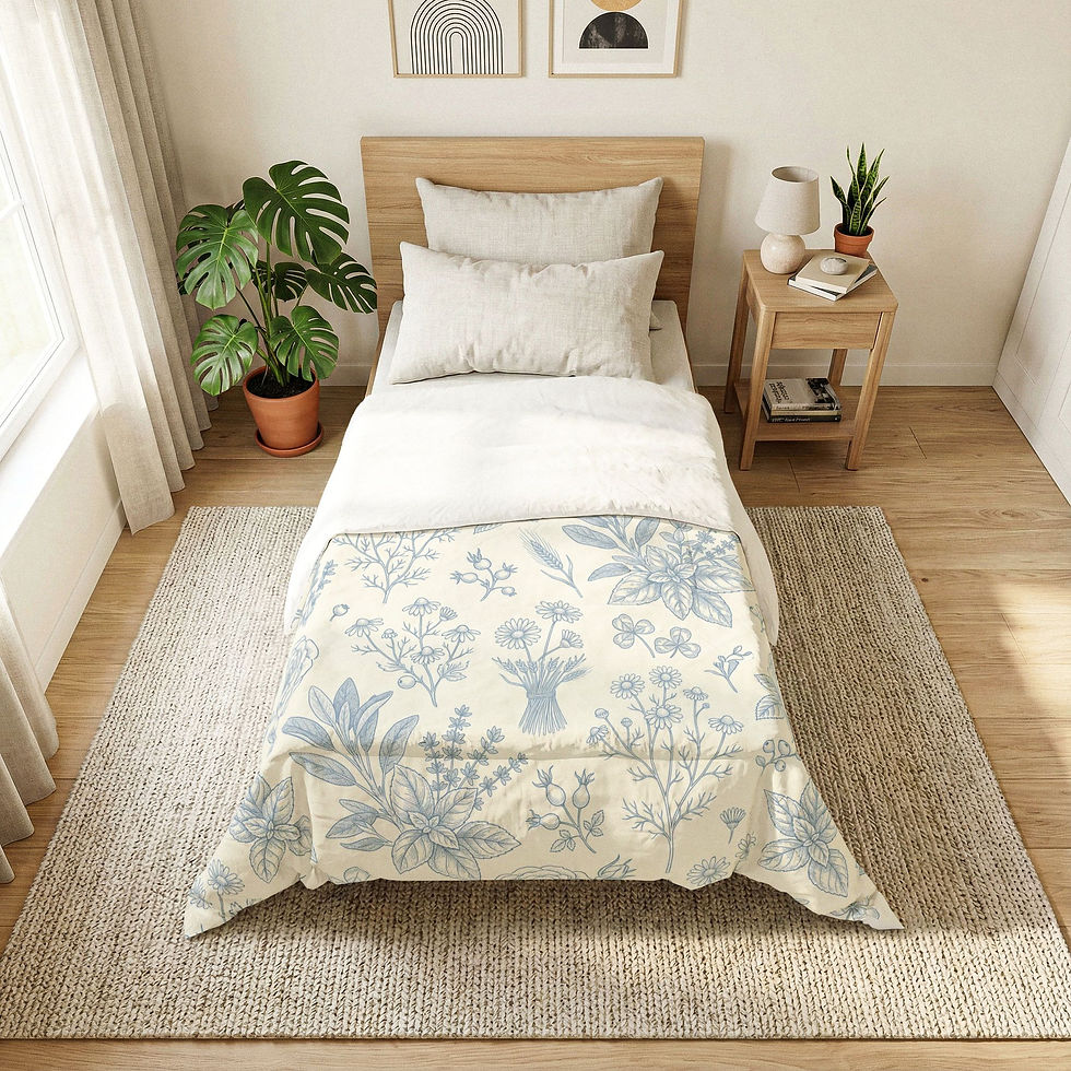 Thumbnail: A premium cotton comforter featuring a delicate dusty blue botanical toile sketch pattern on a cream background, shown styled