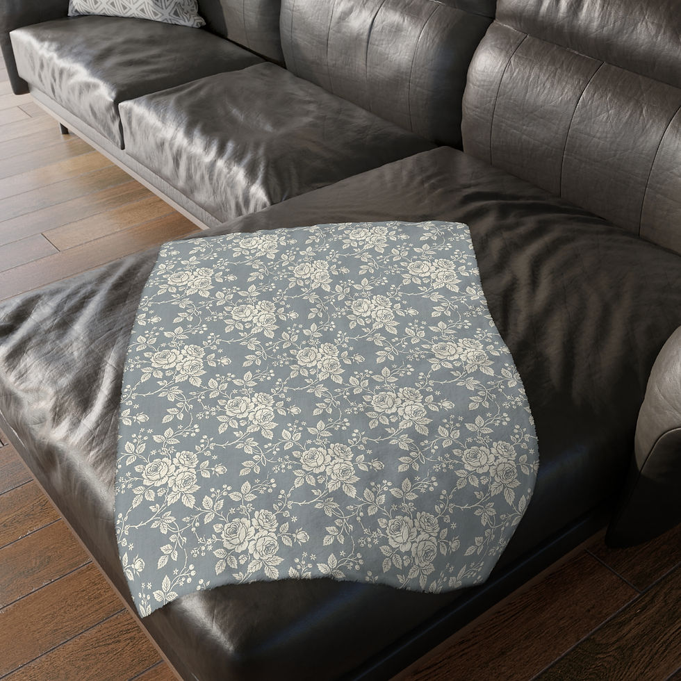 Thumbnail: Vintage Rose Toile Velveteen Blanket - Slate Blue