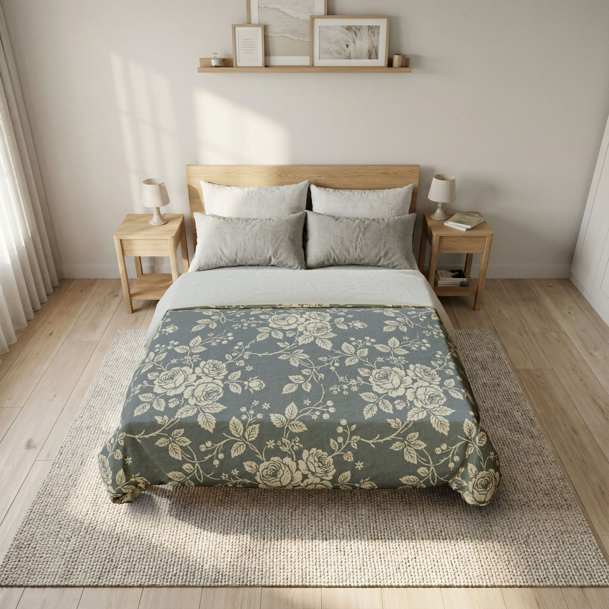 Vintage Rose Toile Cotton Duvet Cover — Slate Blue