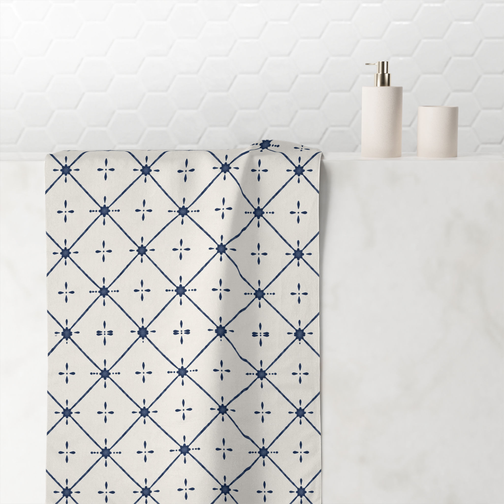 Linen Lattice Cotton Towel - Navy