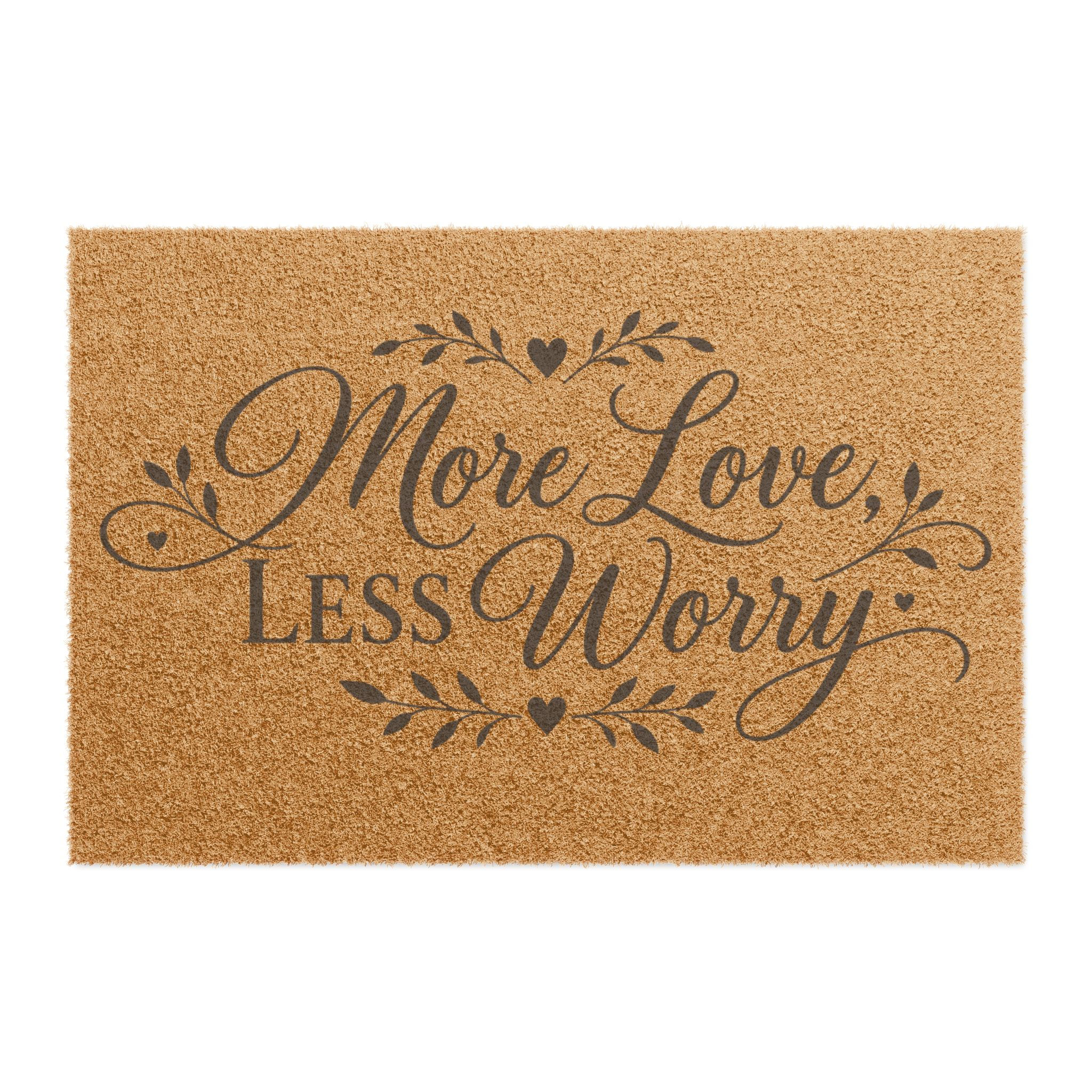 More Love Less Worry Doormat — Cozy Welcome Mat with Script & Heart Design