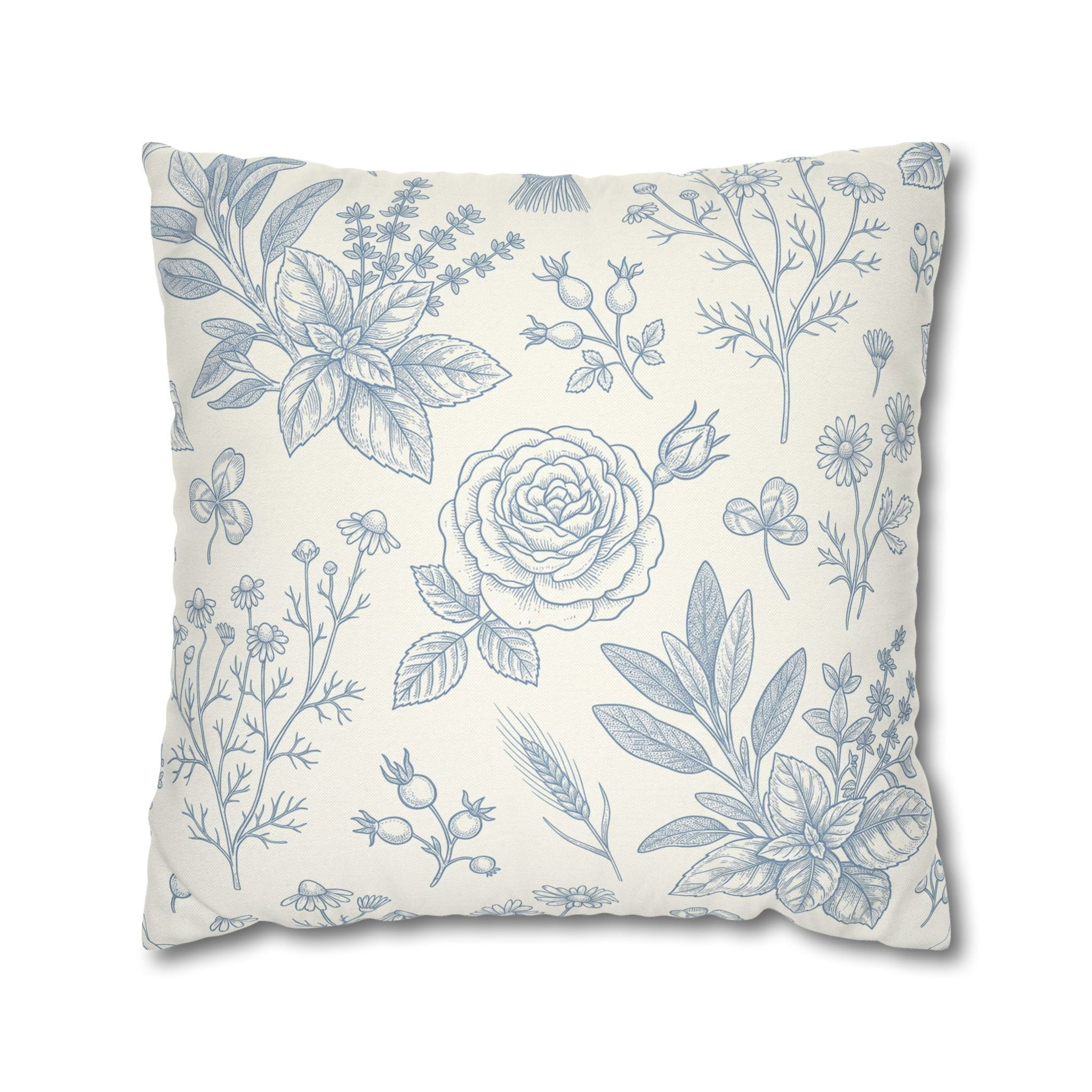 Blue Toile Botanical Pillow Cover