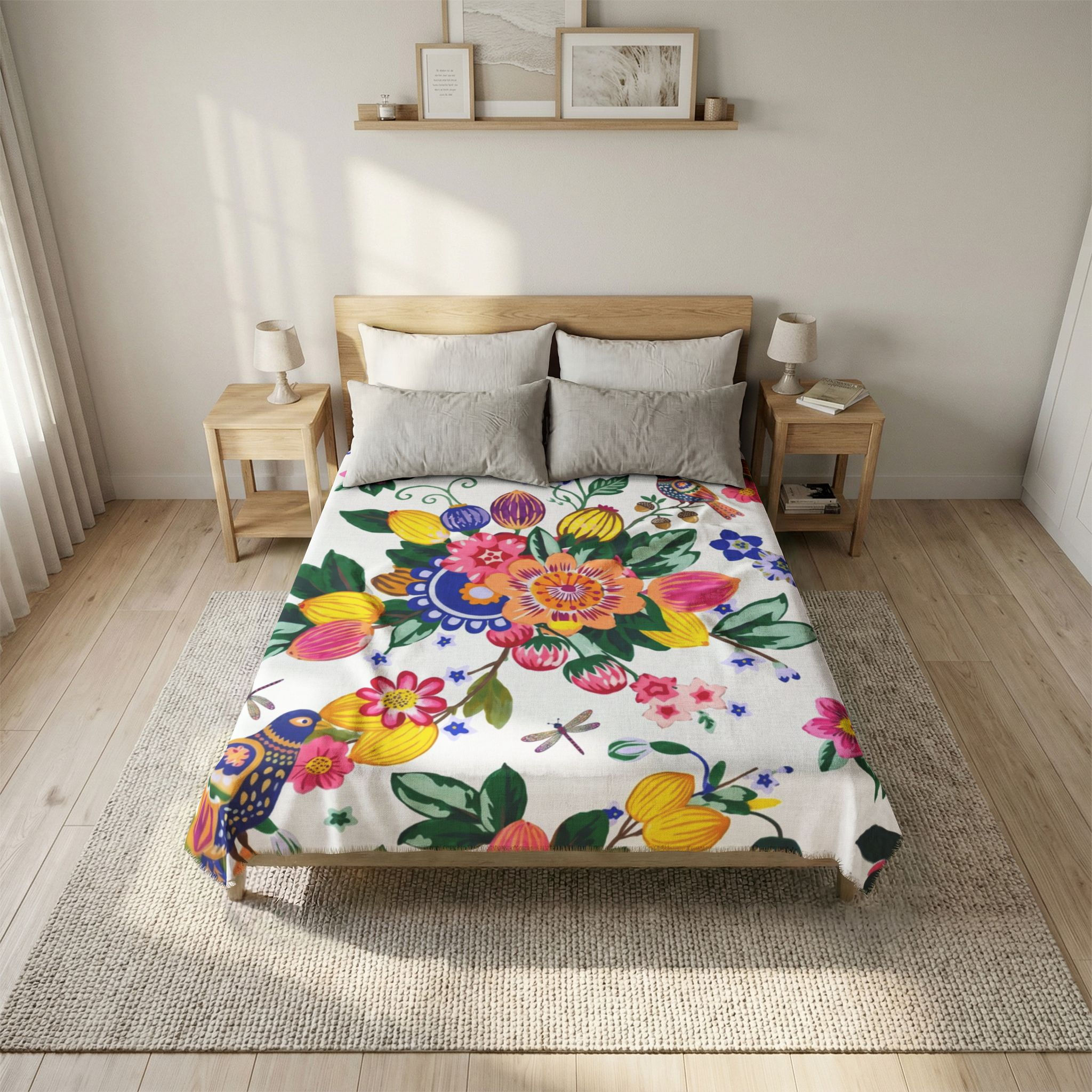 A top-down, flat lay view of the premium cotton comforter showcasing a vibrant, colorful folk art patt