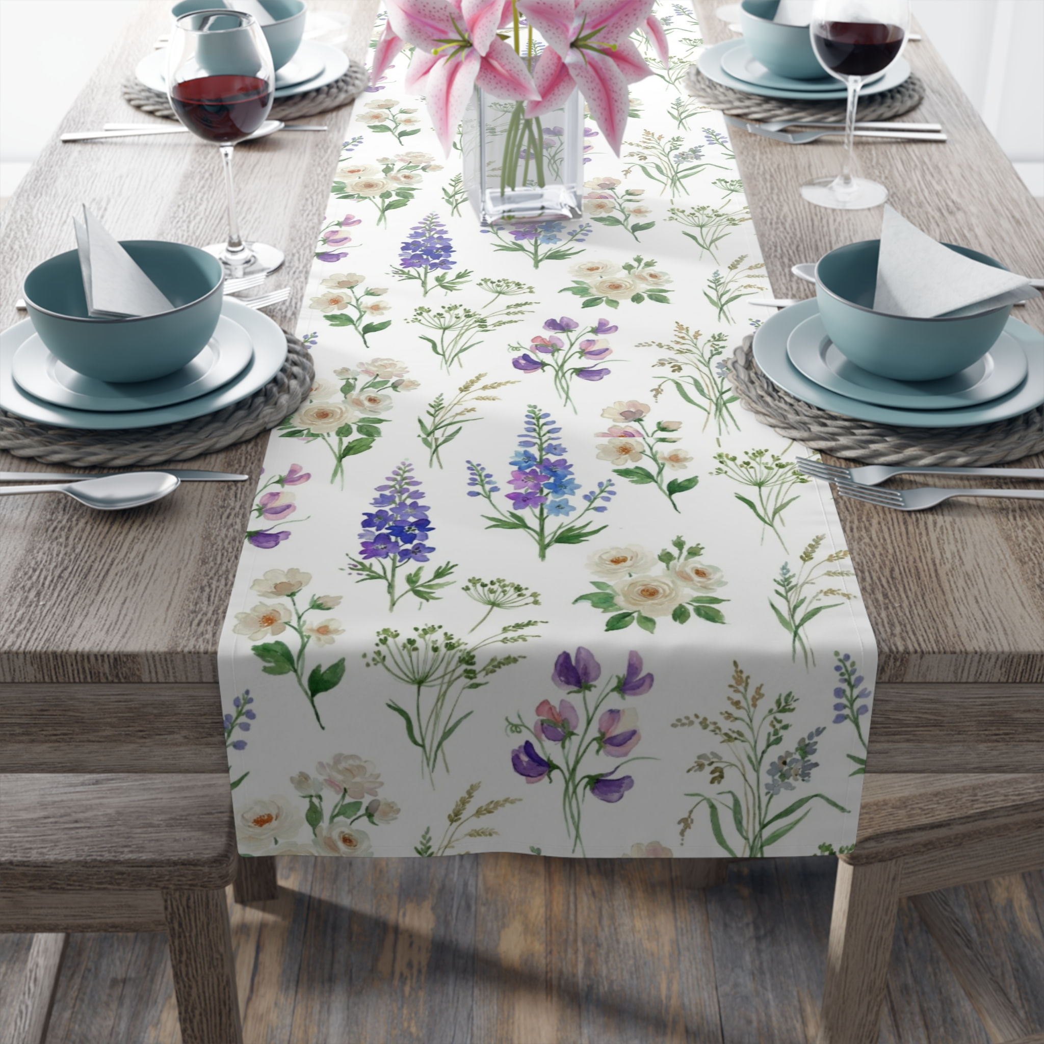 Cottagecore Rose & Larkspur Table Runner — White