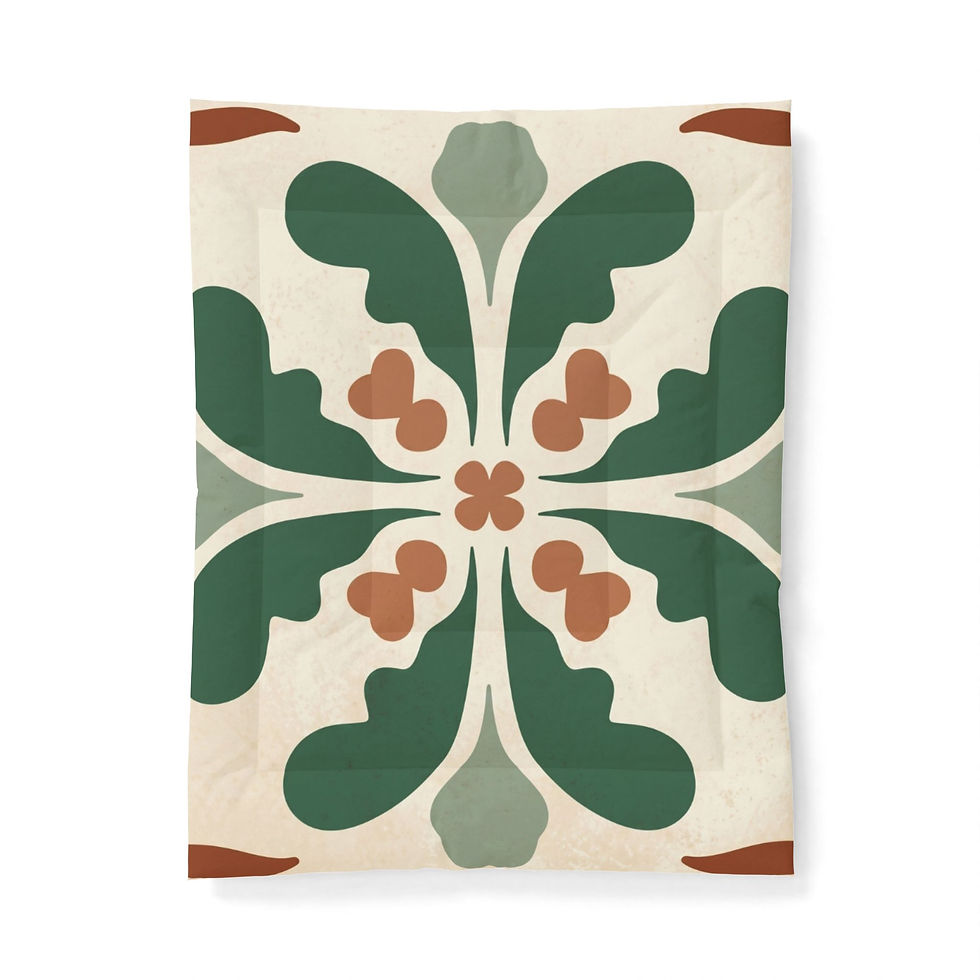 Thumbnail: A top-down, flat lay view of the cotton comforter highlighting a single large, symmetrical abstract fl