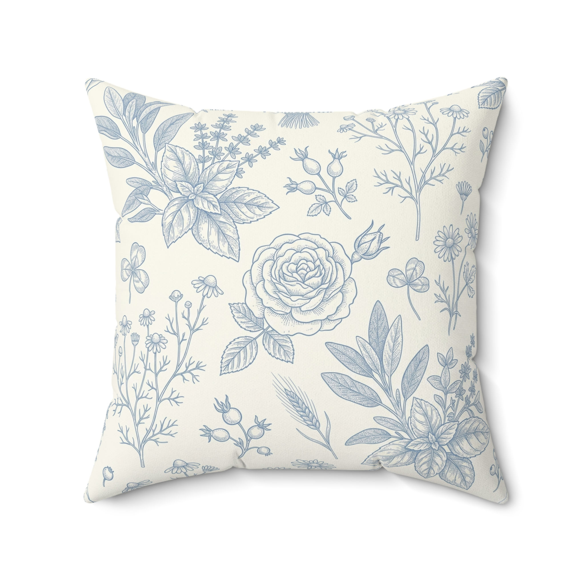 A square decorative throw cushion featuring a delicate dusty blue botanical line art sketch pattern of